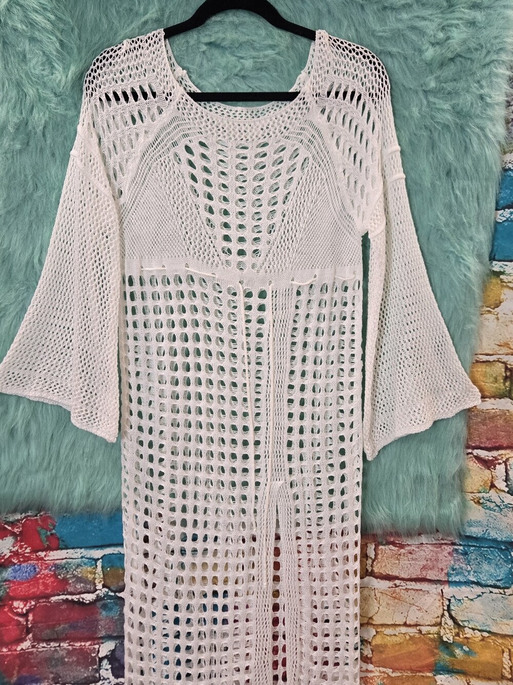 No brand tag White Knit Long Bell Sleeve Sleeve Swimsuit Cover Up Approx S-M - Picture 9 of 11